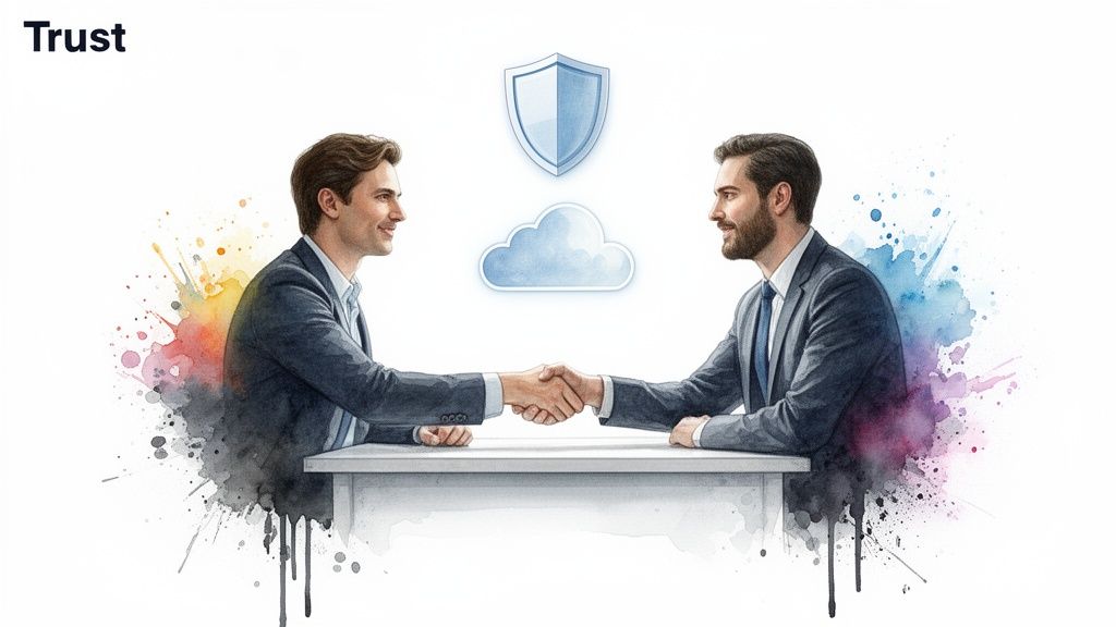 Watercolor illustration of two men shaking hands, with cloud and shield icons, representing trust in IT audit.
