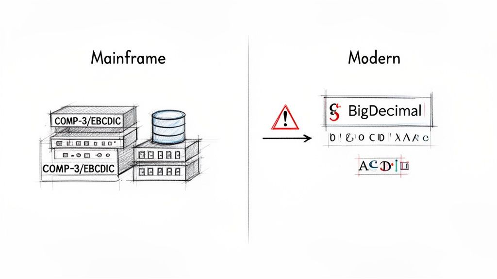 Diagram contrasting mainframe data formats like COMP-3/EBCDIC with modern BigDecimal conversion challenges.