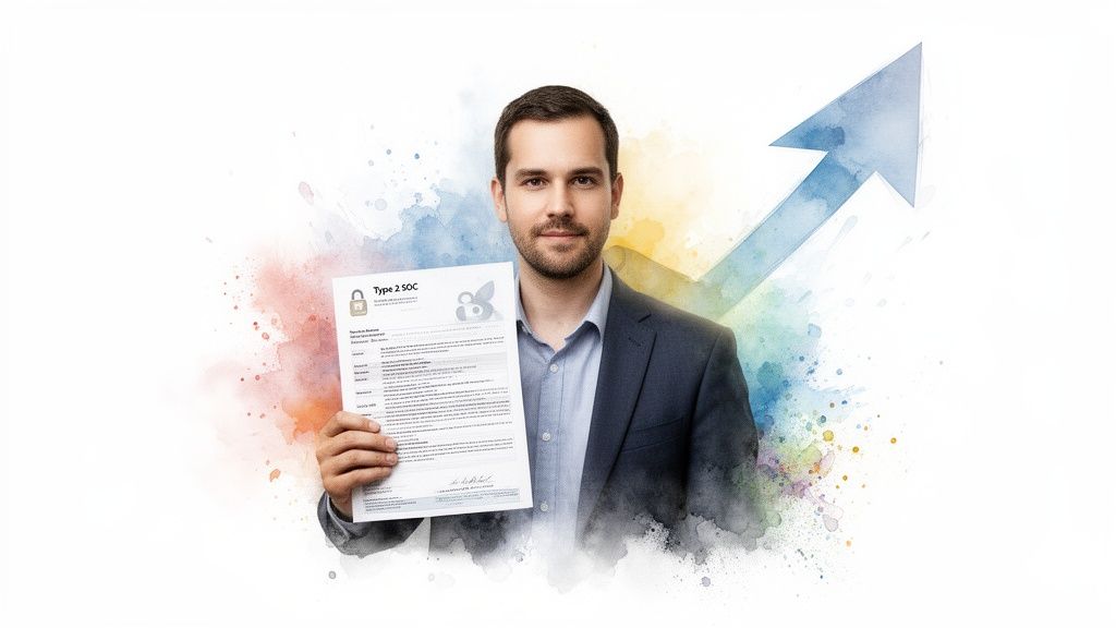 Smiling man proudly presents a Type 2 SOC report, symbolizing business growth and success.