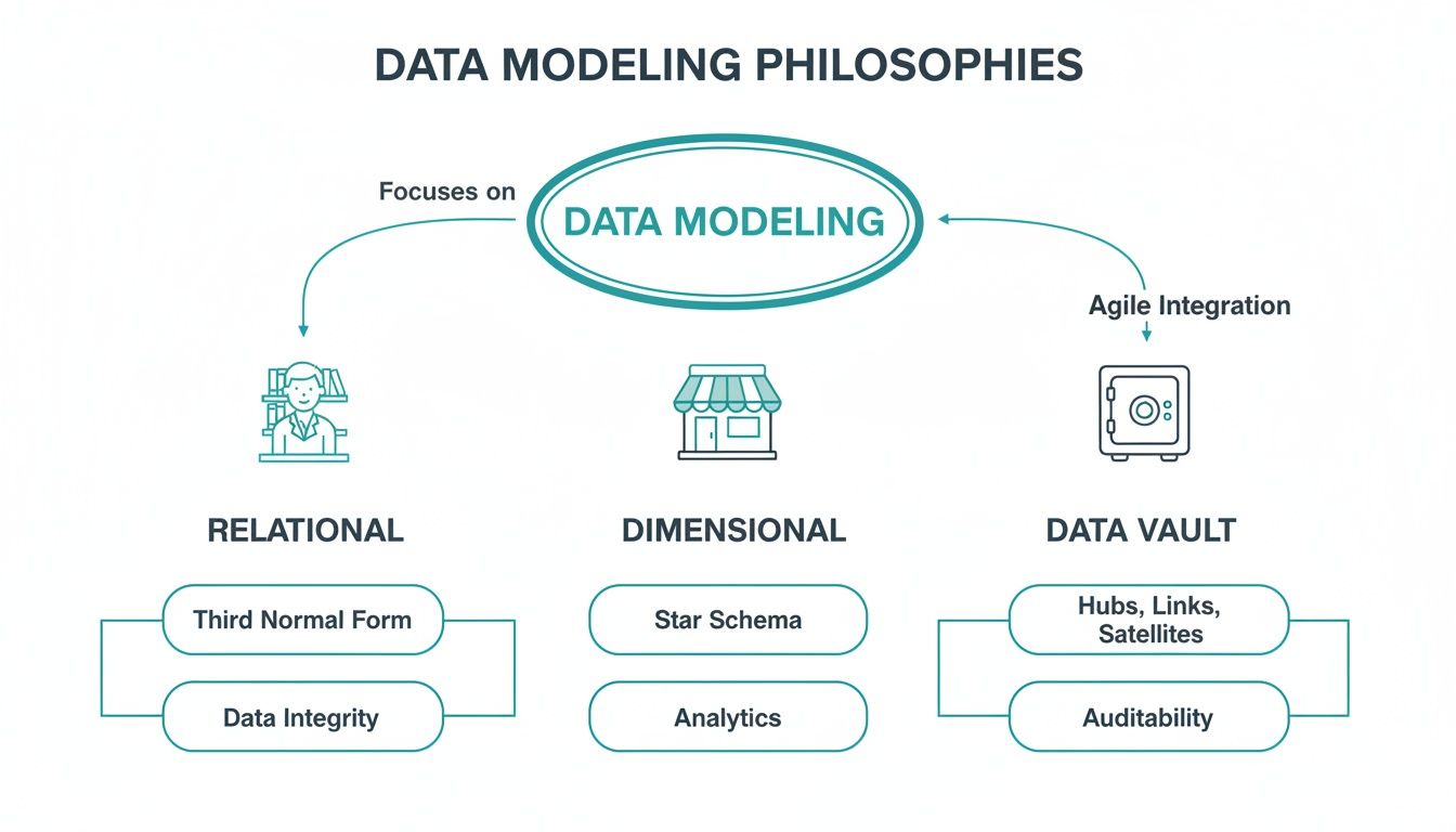 Infographic showing three data modeling philosophies: Relational, Dimensional, and Data Vault, with their features.