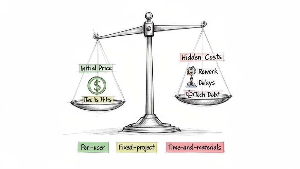 A balance scale shows initial price versus hidden costs, with different pricing models: per-user, fixed-project, and time-and-materials.