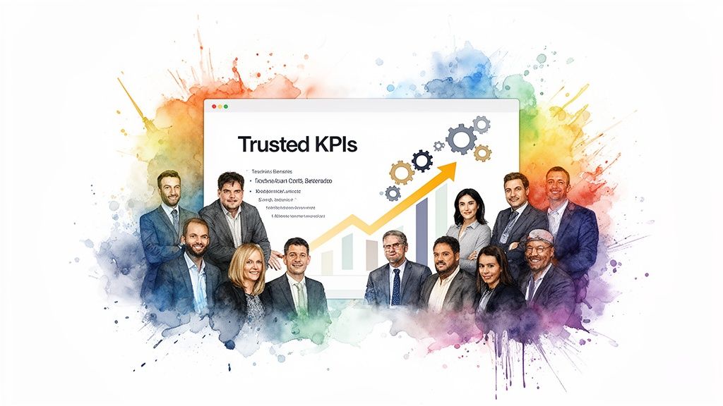 Diverse business professionals with a 'Trusted KPIs' screen, gears, and an upward growth graph.