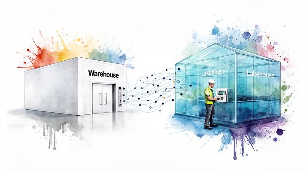 Conceptual illustration of data flowing from a warehouse to a lakehouse with a worker managing it.