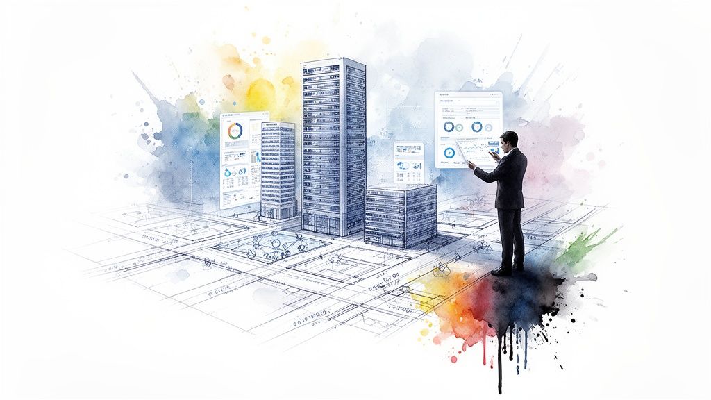Businessman analyzing data visualizations over building blueprints with colorful watercolor accents.