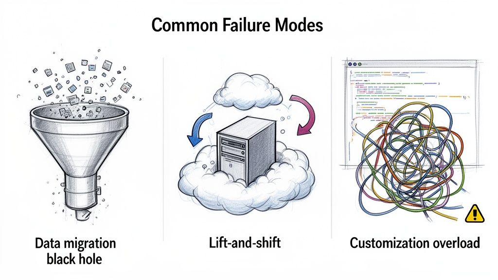 Illustrations of common enterprise software failure modes: data migration black hole, lift-and-shift, and customization overload.