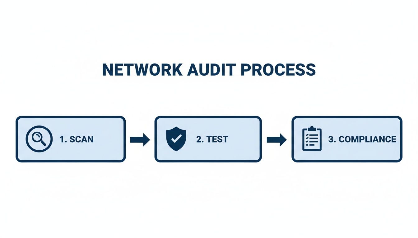 A network audit process flowchart illustrating steps for security, including scan, test, and compliance.