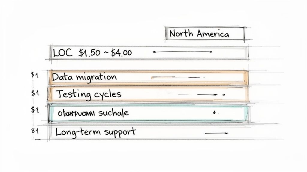 Hand-drawn sketch illustrating IT consulting costs including LOC, data migration, testing, and long-term support in North America.