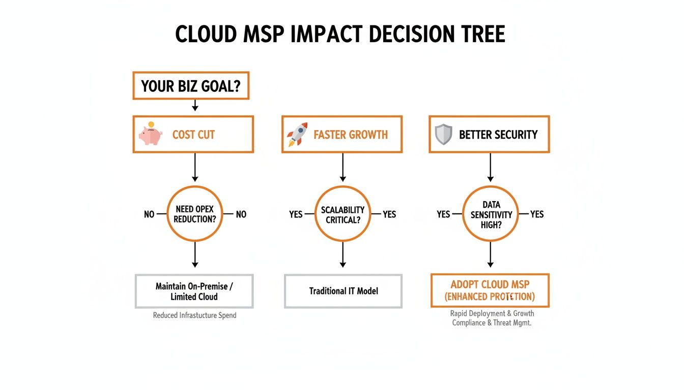 Decision tree illustrating Cloud MSP impact and IT strategy based on business goals like cost, growth, and security.