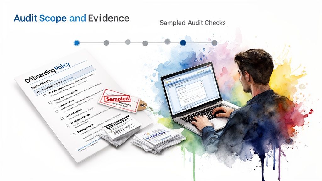 A person reviewing audit evidence on a laptop, alongside offboarding policy documents and a 'Sampled' tag.