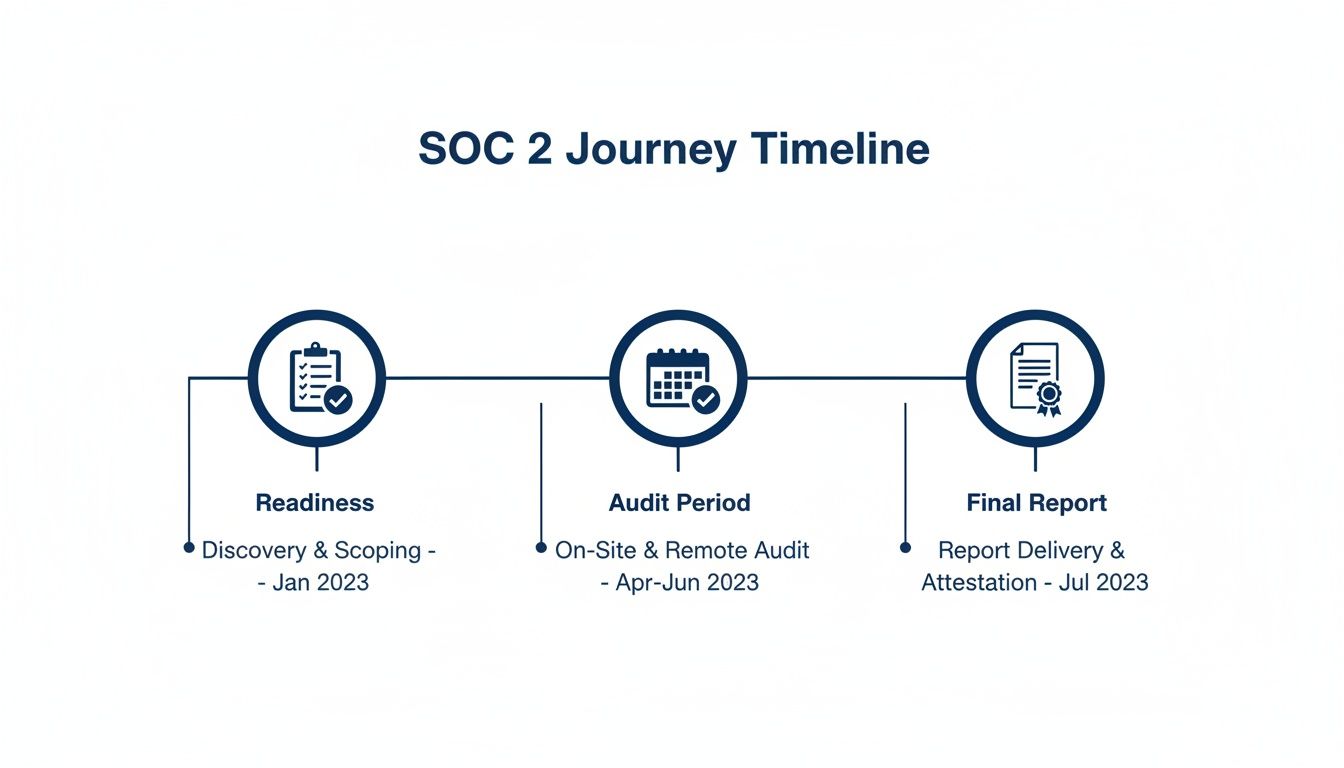 SOC 2 Journey Timeline illustrating readiness, audit period, and final report stages with respective dates.