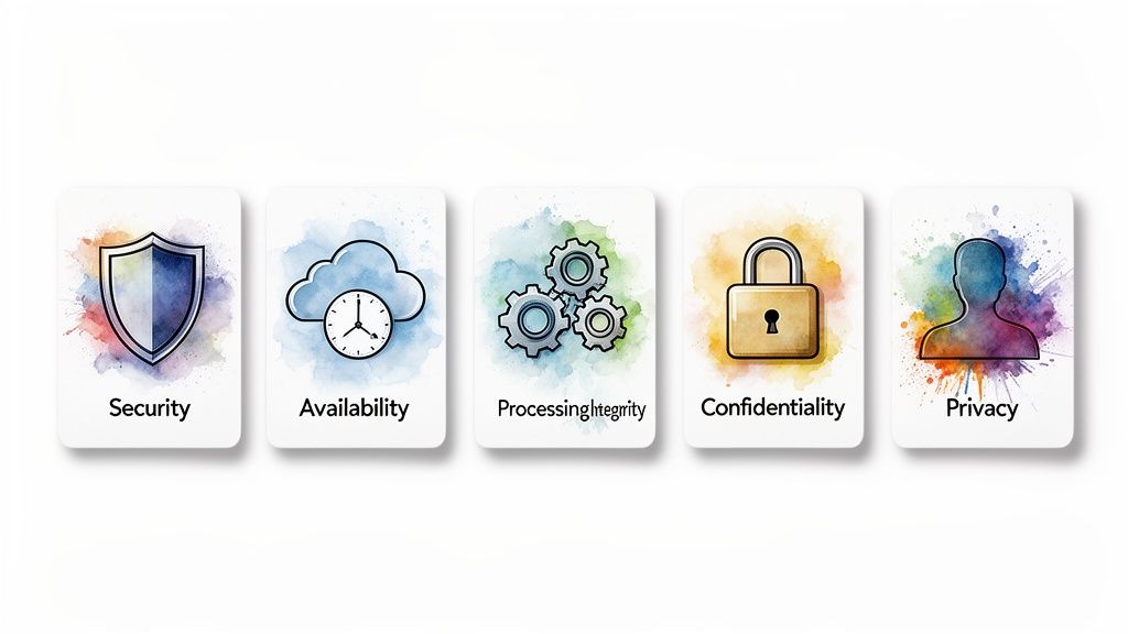 Five illustrative cards depicting SOC 2 Trust Services Criteria: Security, Availability, Processing Integrity, Confidentiality, Privacy.