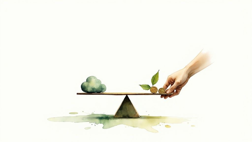 A watercolor illustration of a hand balancing a green cloud and money with leaves on a scale.