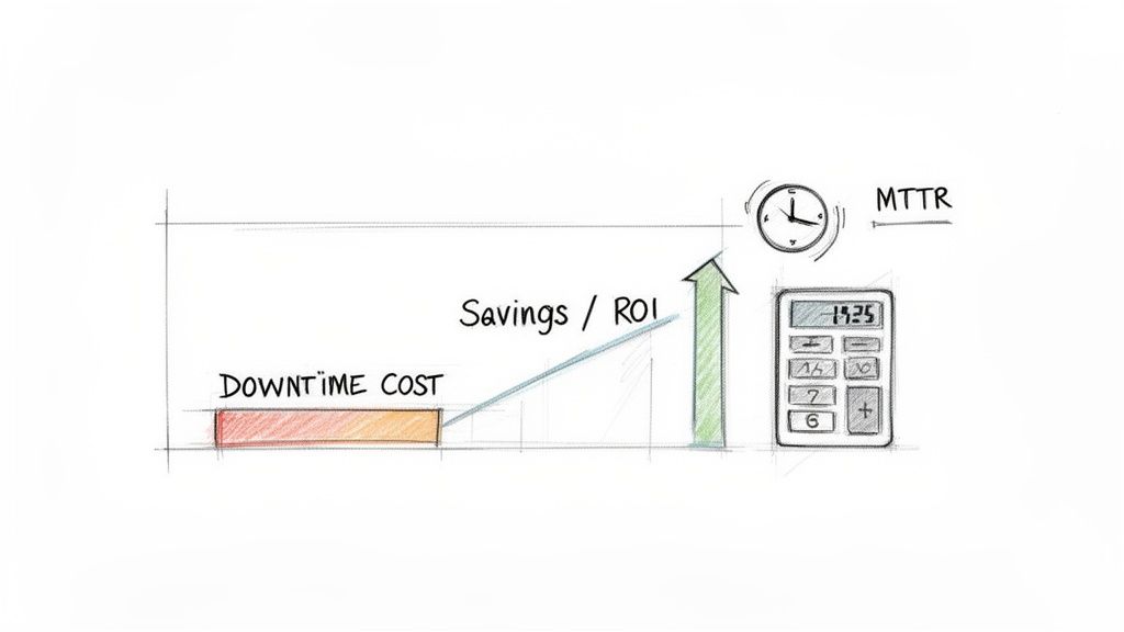 Hand-drawn diagram showing downtime cost reduction leading to savings/ROI improvement, linked to MTTR.