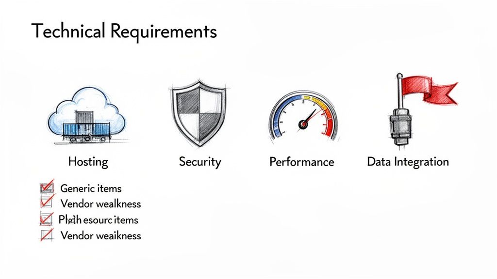A visual presentation outlining key technical requirements: Hosting, Security, Performance, and Data Integration with a checklist.