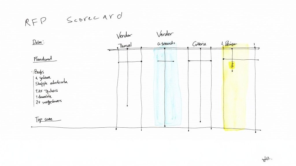 A hand-drawn RFP Scorecard detailing vendors, criteria, and prerequisites for evaluation, with highlighted columns.