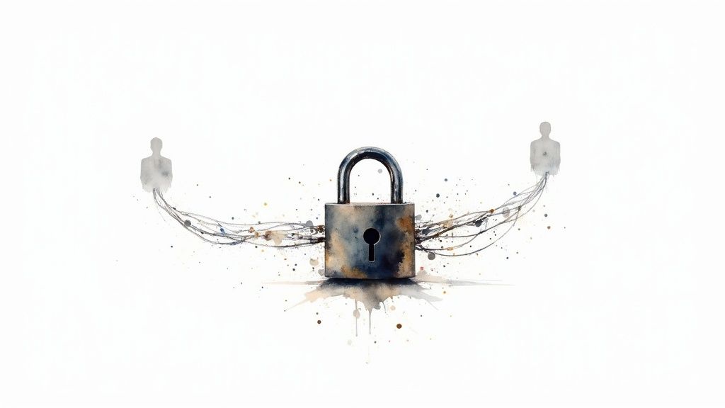 A watercolor painting of a padlock connecting two abstract human figures with flowing lines and splatters on a white background.