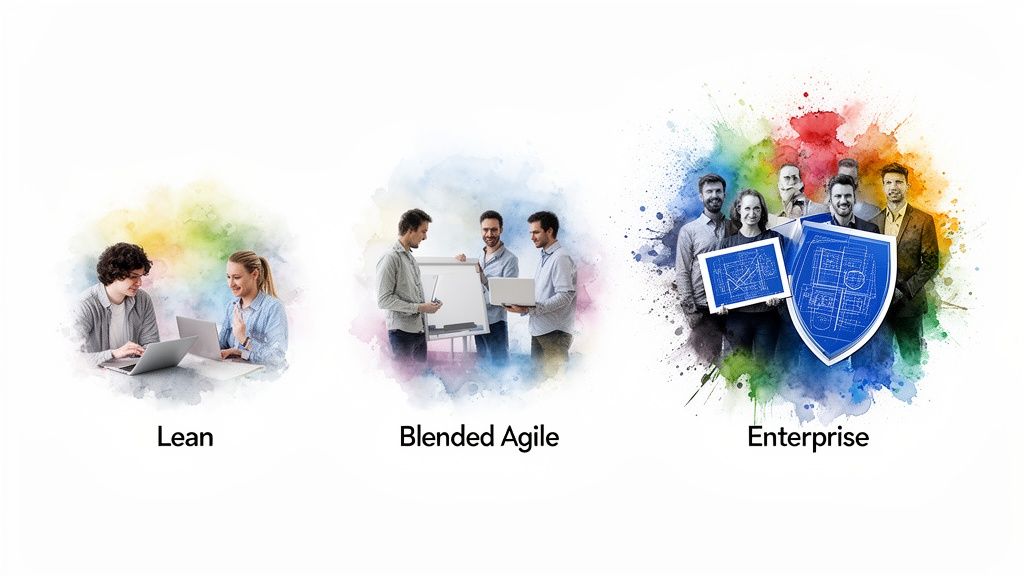 Illustrations of Lean, Blended Agile, and Enterprise consulting methodologies with diverse teams.