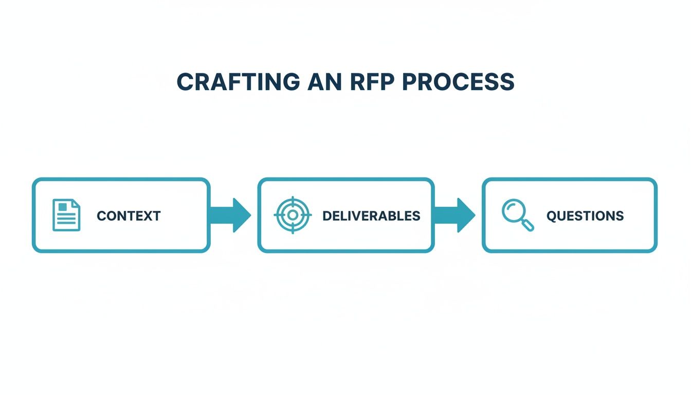 A flowchart titled 'Crafting an RFP Process' showing three steps: Context, Deliverables, and Questions.