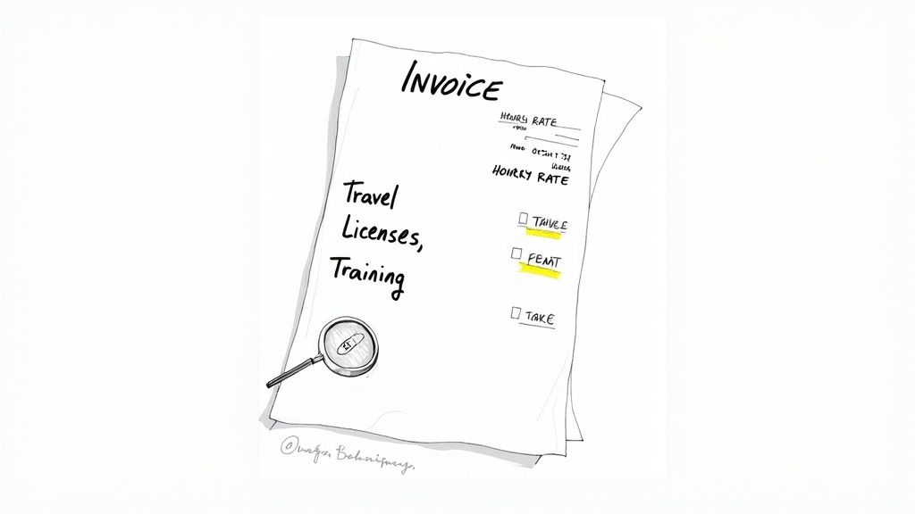 A hand-drawn invoice showing charges for travel, licenses, training, and hourly rates.