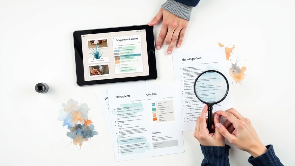 Overhead view of hands, a tablet, and documents with a magnifying glass on a white table.