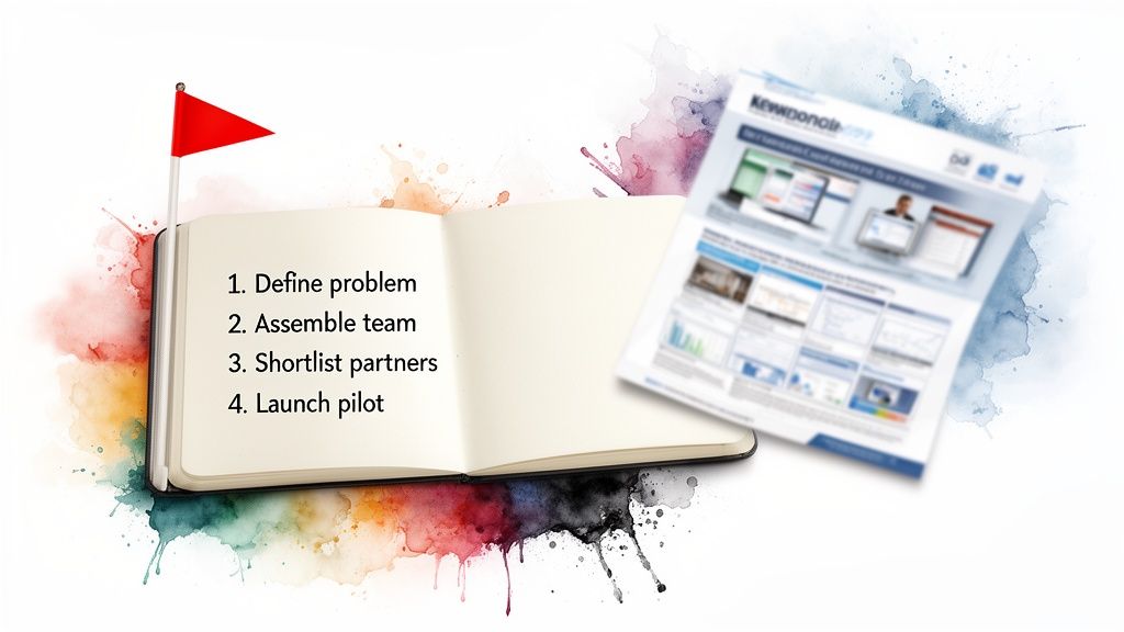 An open notebook with a red flag and a four-step project plan, next to a data analytics report.