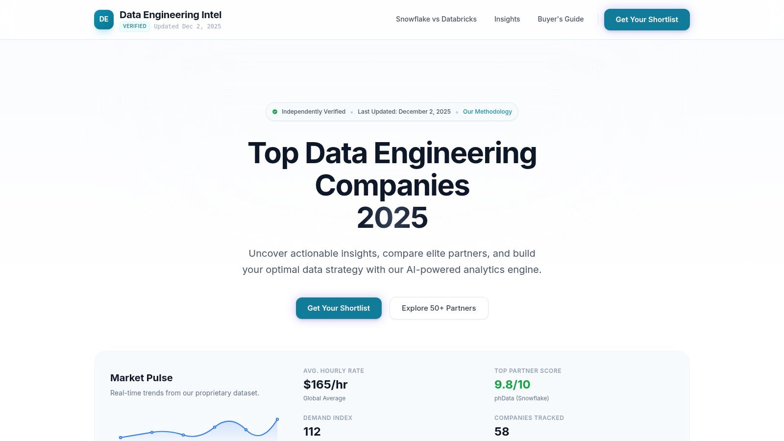 A screenshot of the DataEngineeringCompanies.com homepage, showing its search and filtering capabilities for finding top data engineering firms.