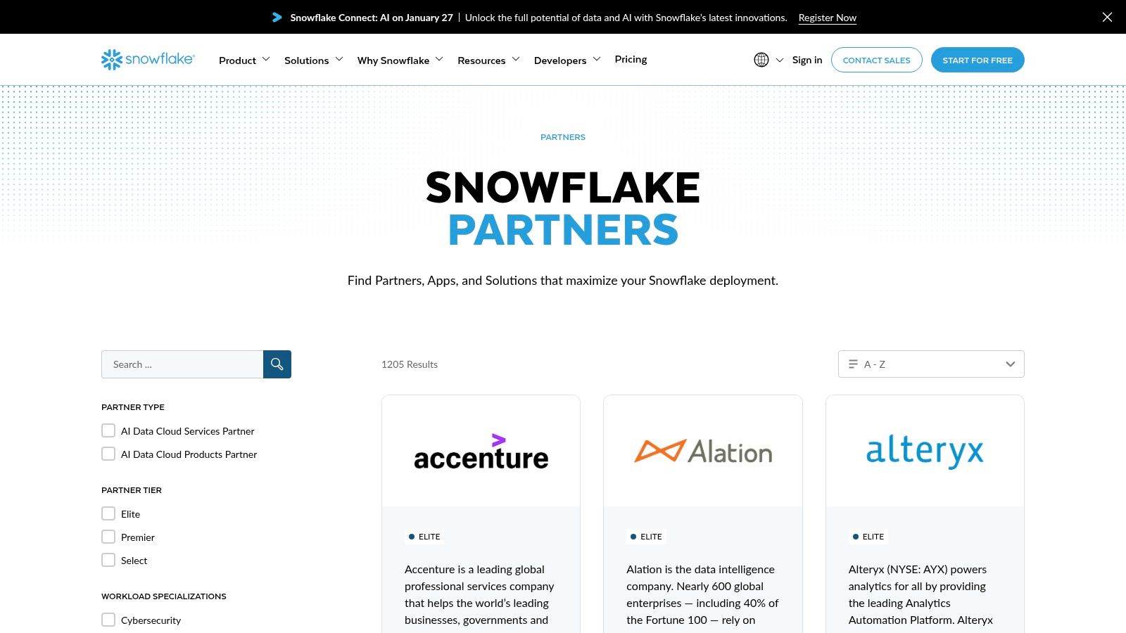A screenshot of the Snowflake Partner Directory, showing filtering options for partner type, industry, and region.