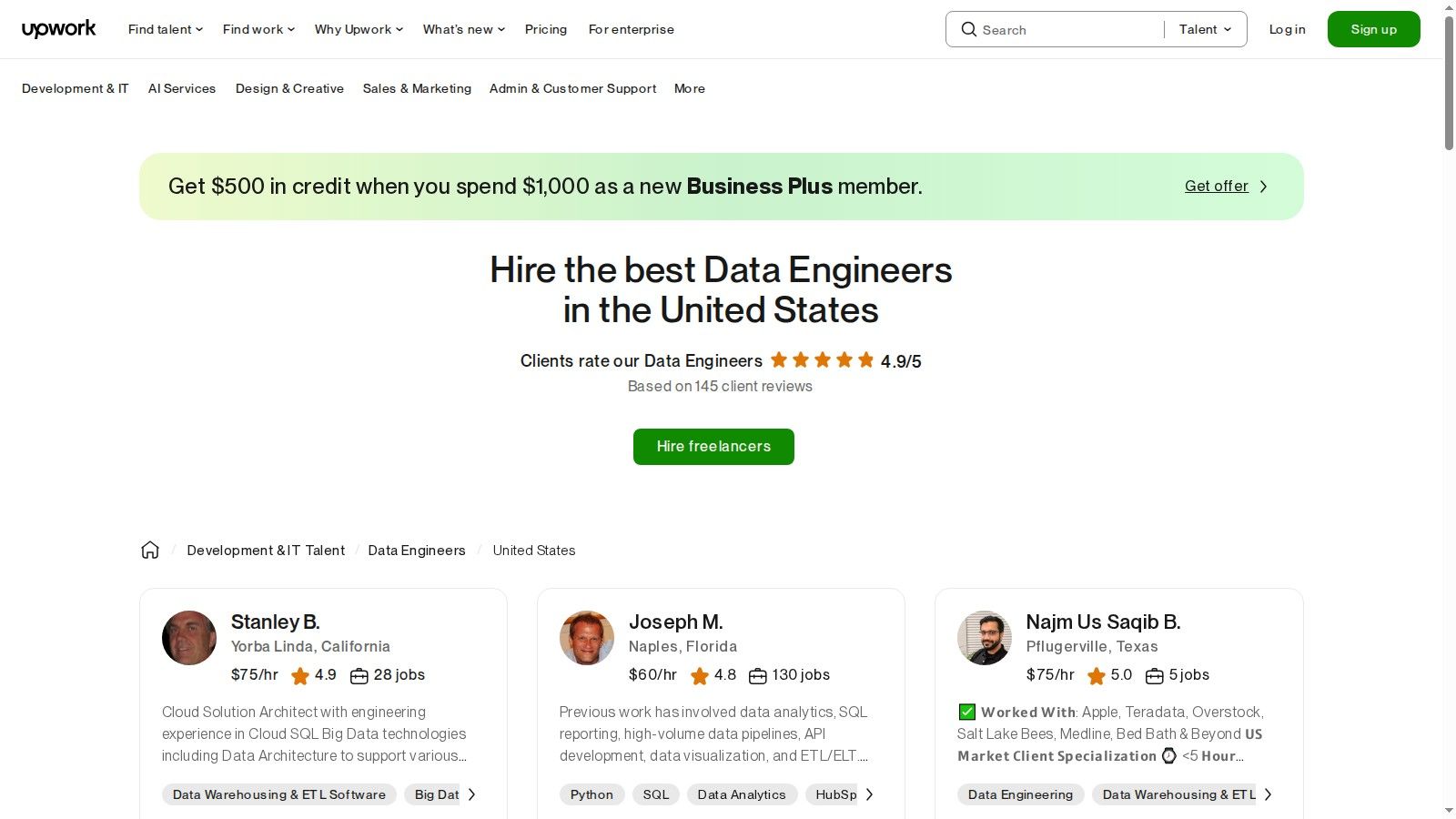 A screenshot of the Upwork website's U.S. Data Engineers for Hire page, showing freelancer profiles with their job titles, rates, and success scores.