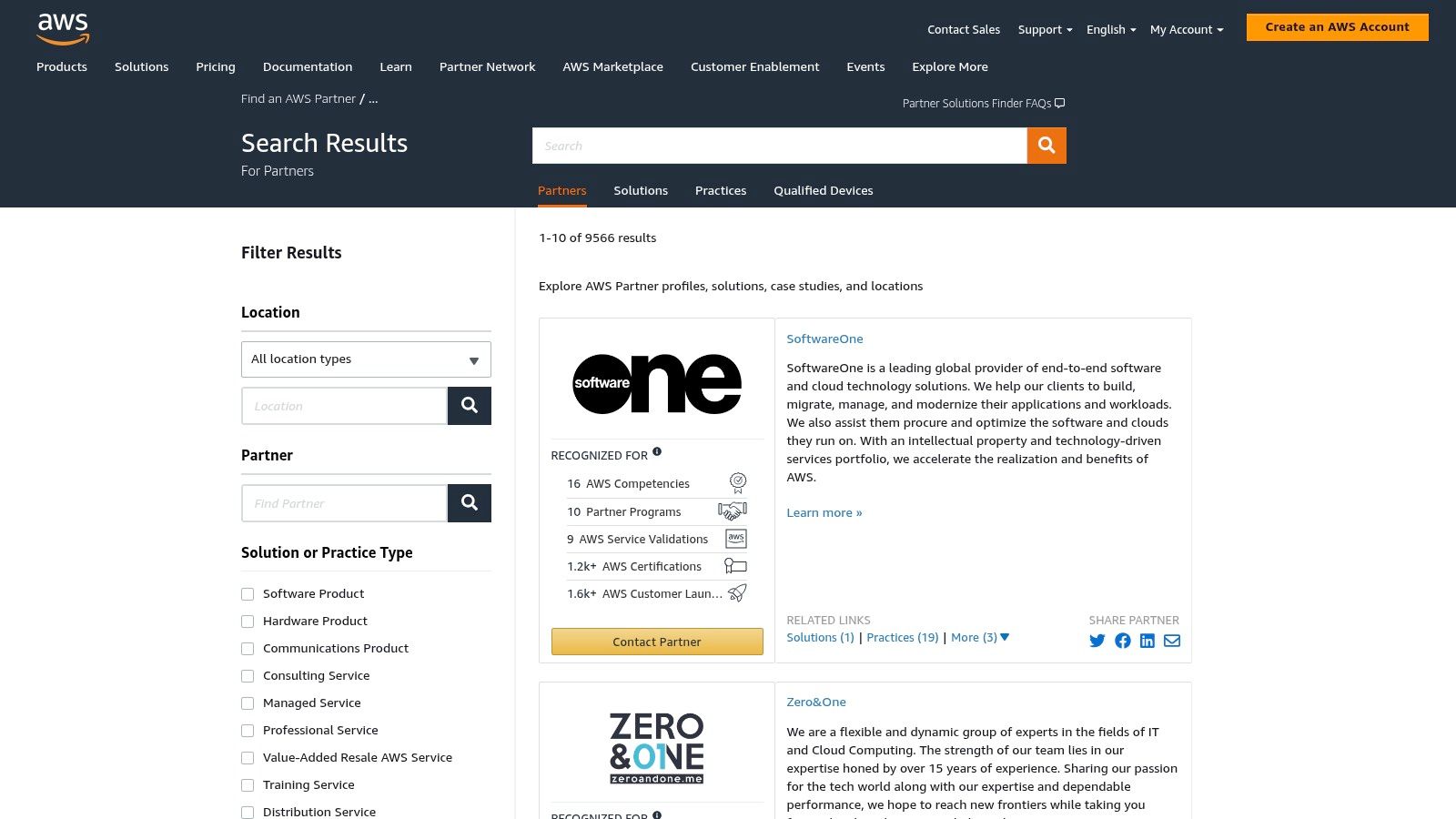 A screenshot of the AWS Partner Solutions Finder website, displaying search results for partners with a Data & Analytics competency, including company names, tier, and number of validations.