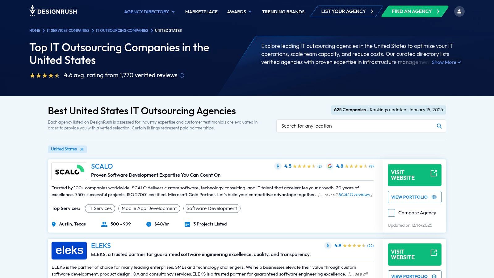 A screenshot of the DesignRush website showing a listing of IT outsourcing companies with filters for budget, location, and services.