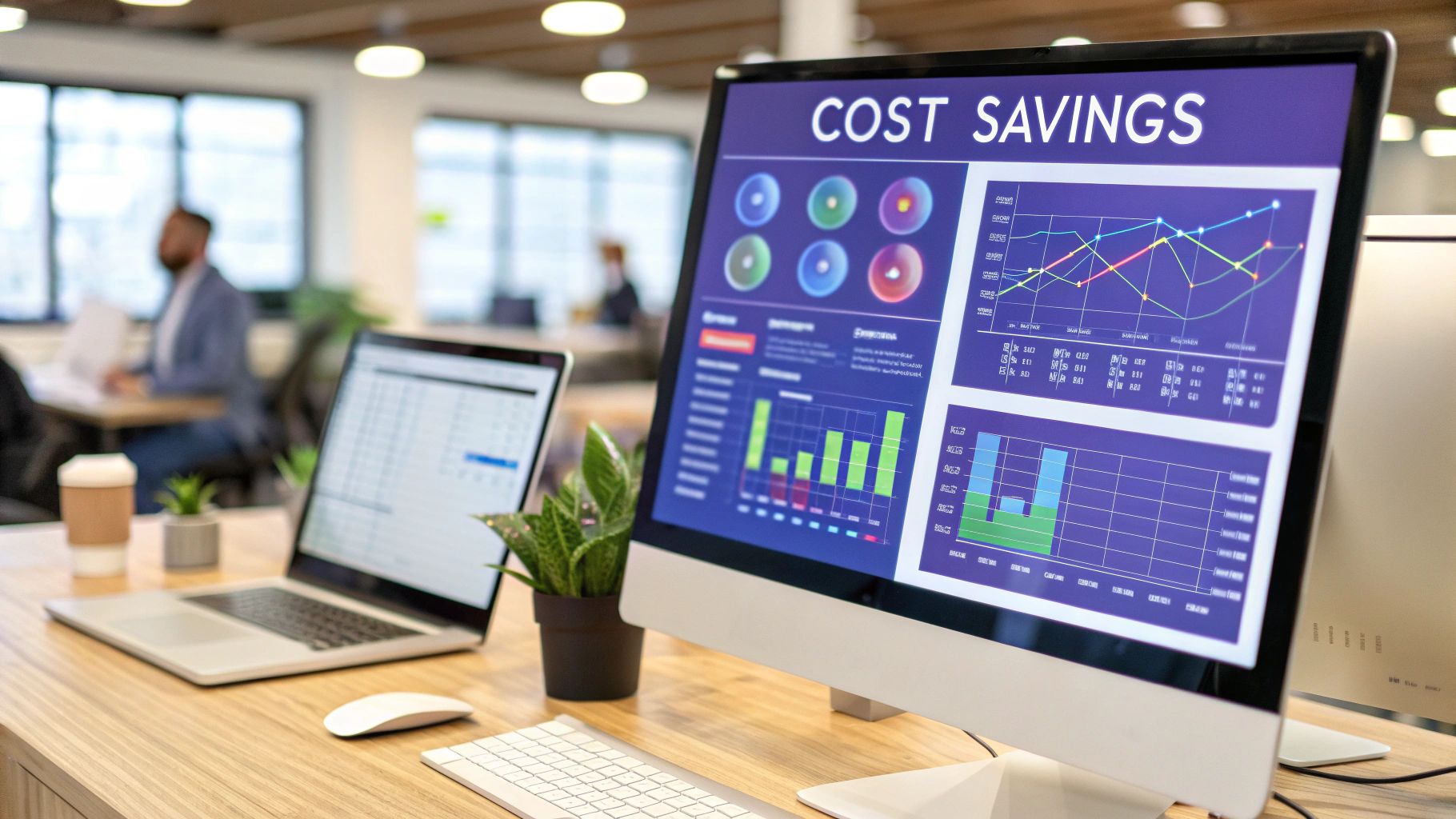 Two business professionals analyzing charts and graphs showing cost reduction trends and financial data on a digital screen.