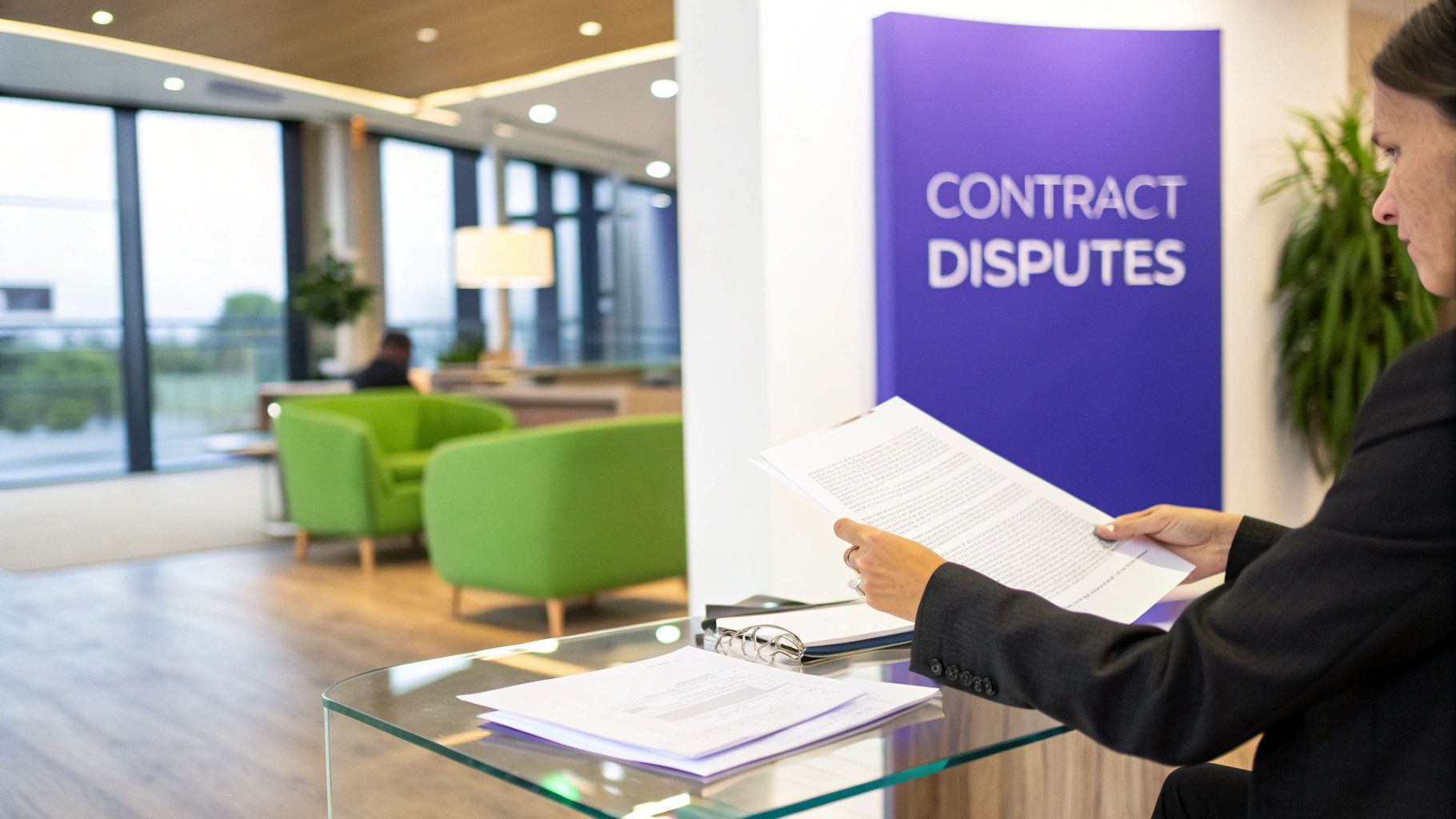 Business partners shaking hands over a table with documents, signifying a successful resolution