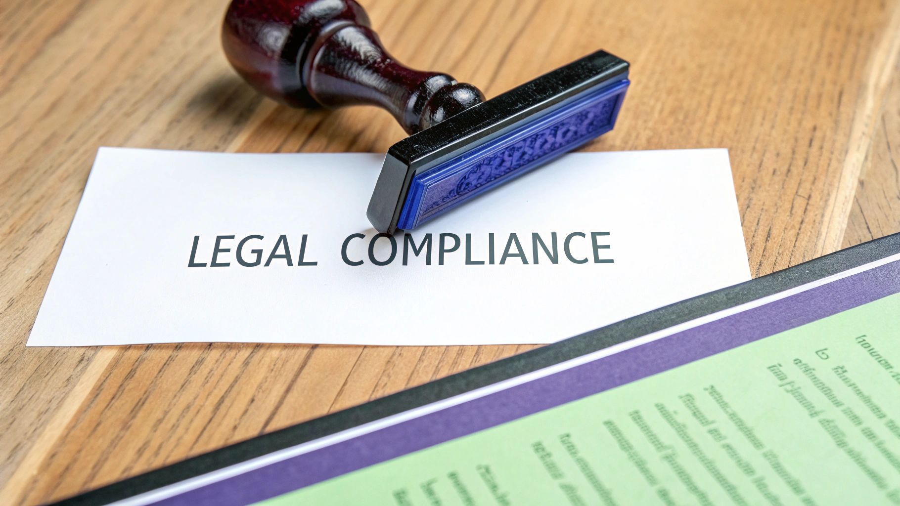 A person using a magnifying glass to review legal documents on a desk, symbolizing the detailed nature of compliance.