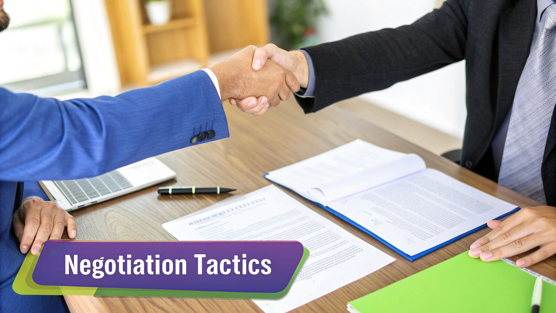 Two business professionals negotiating at a conference table