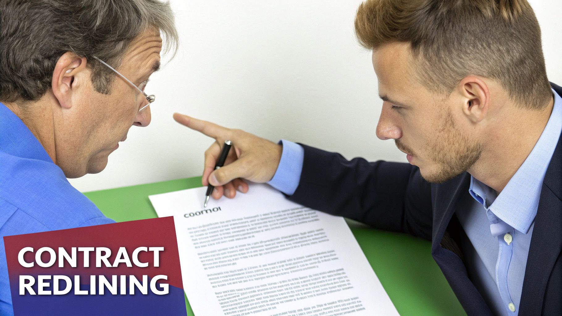 A person's hand using a tablet to review a digital contract, with AI-powered analytics overlaid on the screen, while another person sits across the table, signifying a blend of technology and human collaboration.