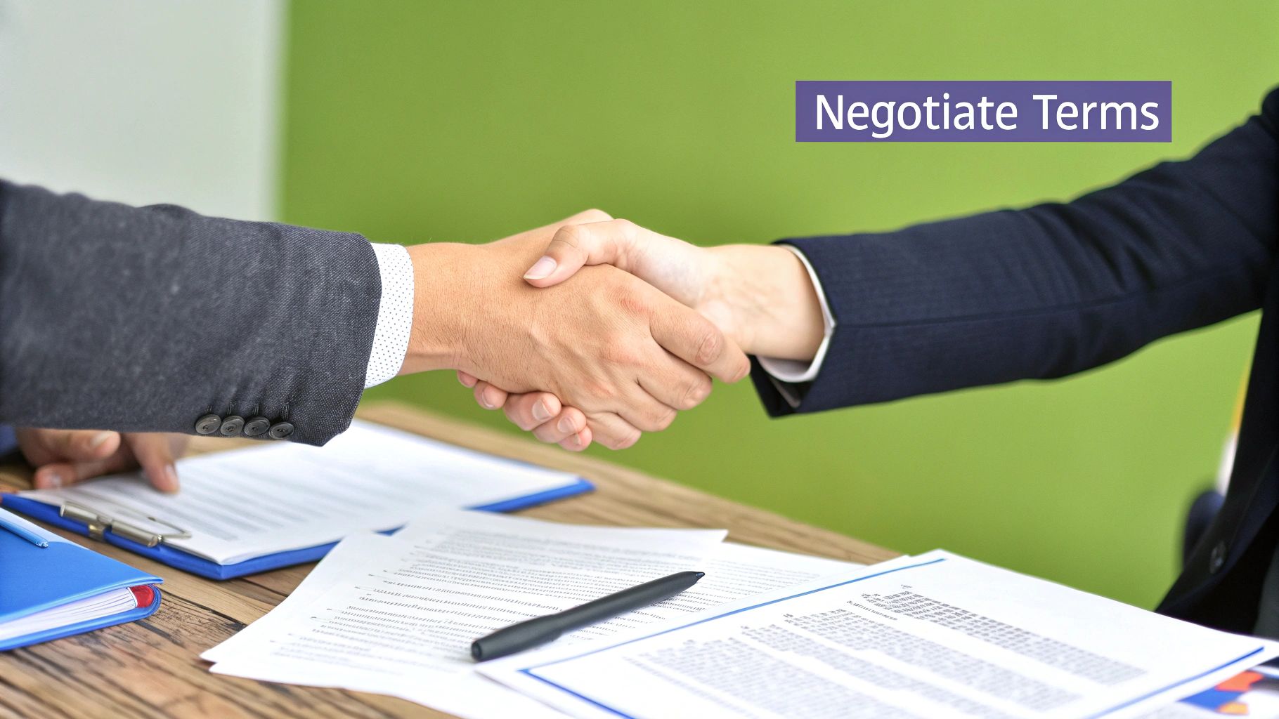 Two people sitting across a table, having a professional and positive discussion over documents.