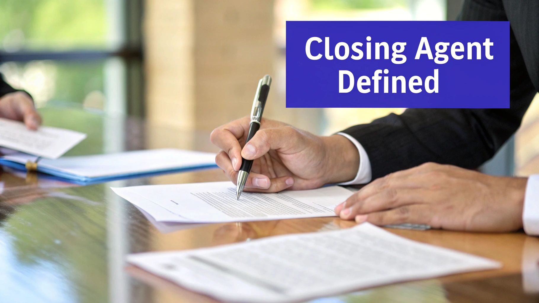 A closing agent reviewing documents at a desk, symbolizing their role as a transaction's conductor.