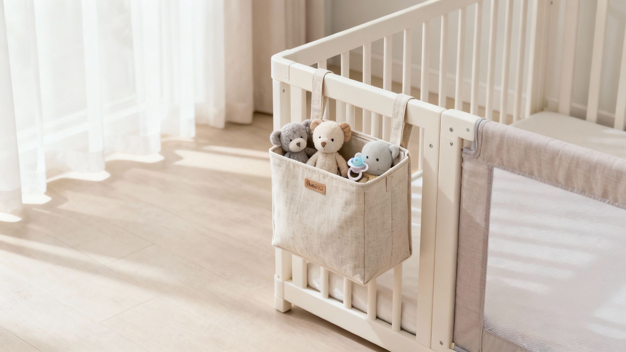 Lichte babykamer met wit ledikant, hangende opberger met knuffels en speen, en zonnige houten vloer.