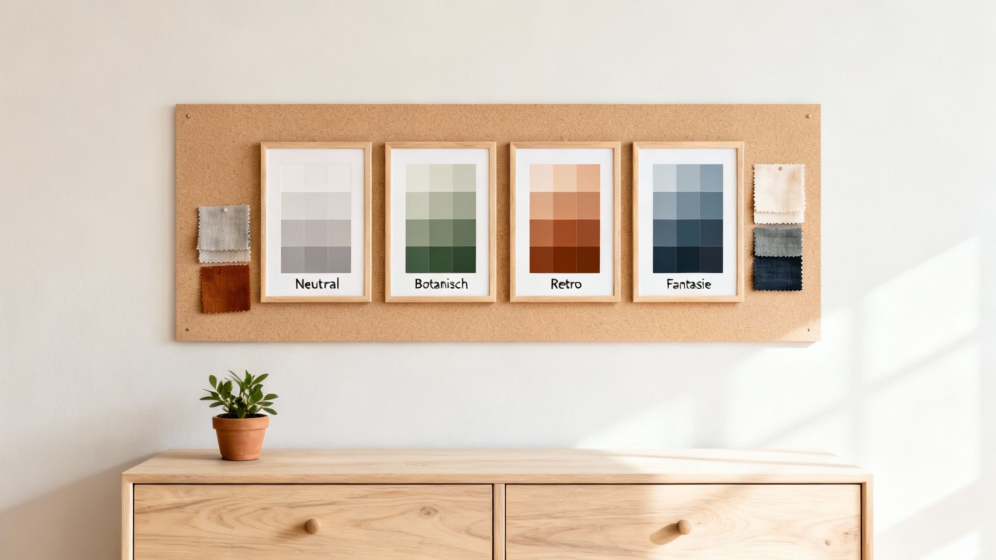 Een kurkbord met vier ingelijste kleurenpaletten en stoffenstalen, hangend boven een houten dressoir met plant.