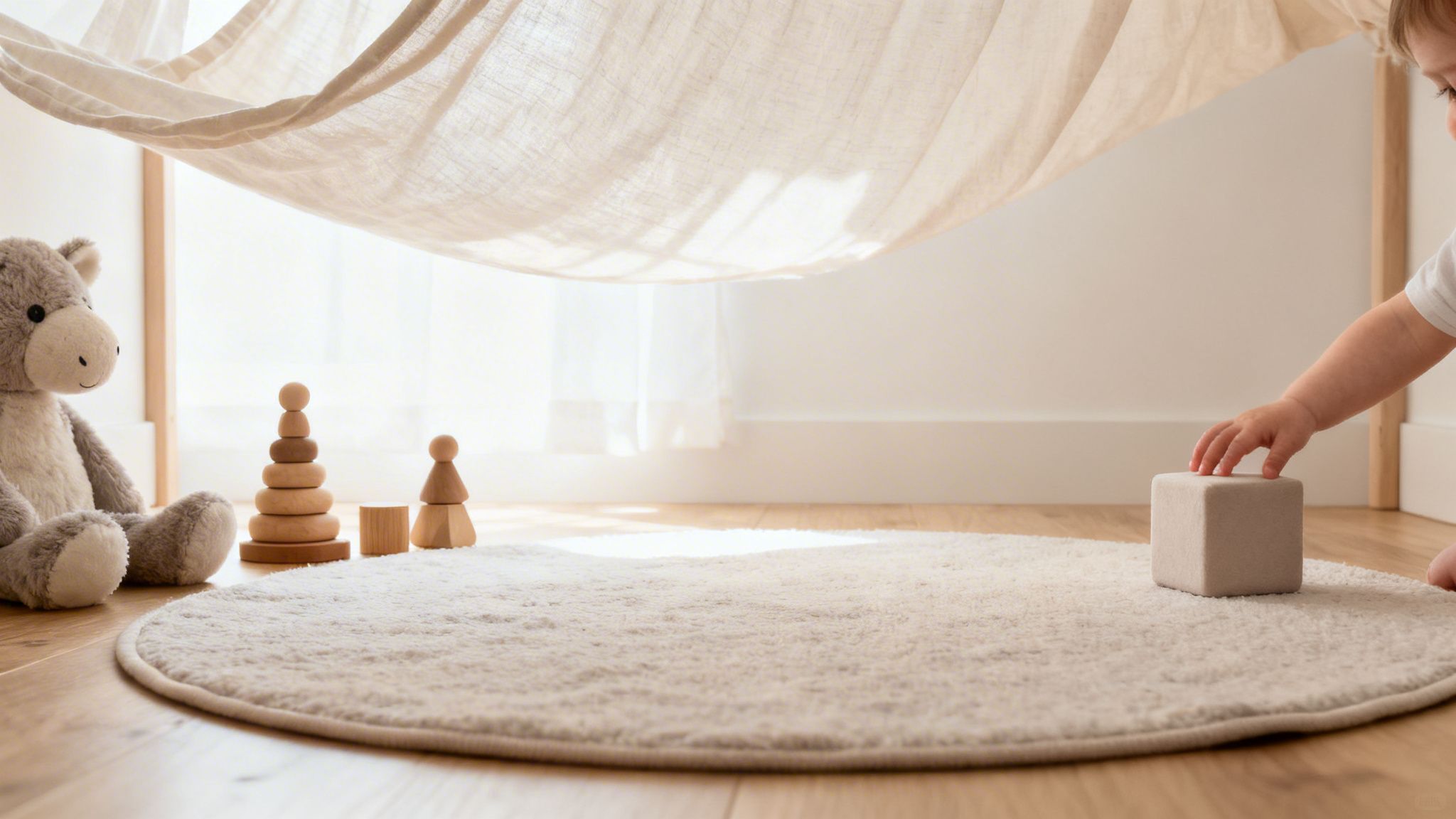 Baby's hand reikt naar zachte speelblok op vloerkleed, met houten speelgoed en knuffel.
