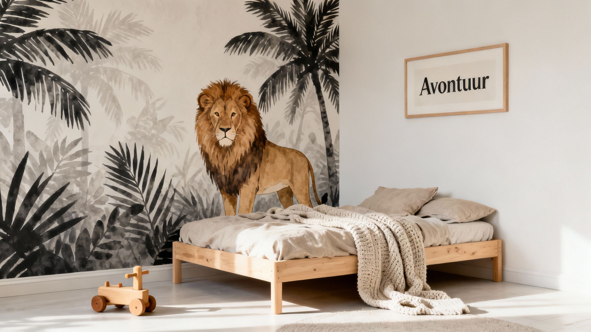 Slaapkamer voor kinderen met stoer safari-behang van een leeuw en palmbladeren, houten bed en speelgoed.