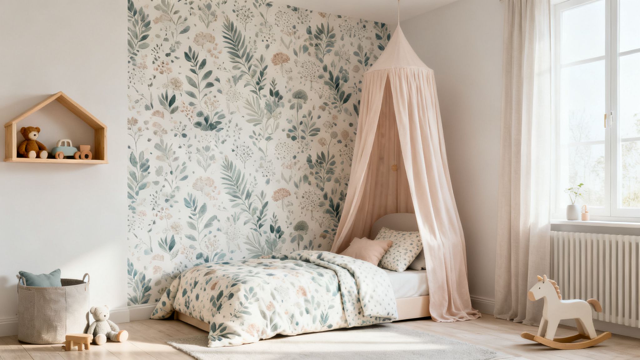 Een gezellige kinderkamer met bloemenbehang, een bed met roze luifel, en houten speelgoed op een plank en vloer.