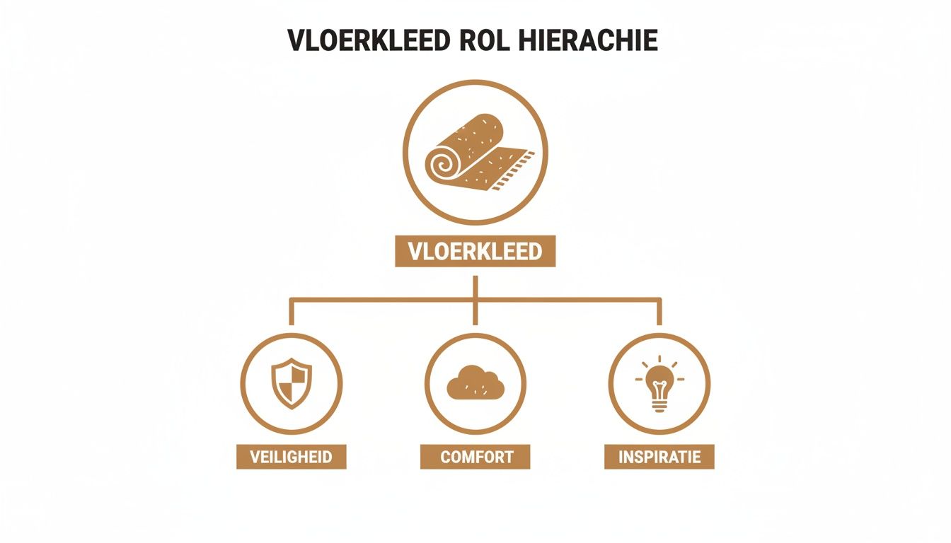 Deze infographic toont de hiërarchie van een vloerkleed, met de rollen veiligheid, comfort en inspiratie.