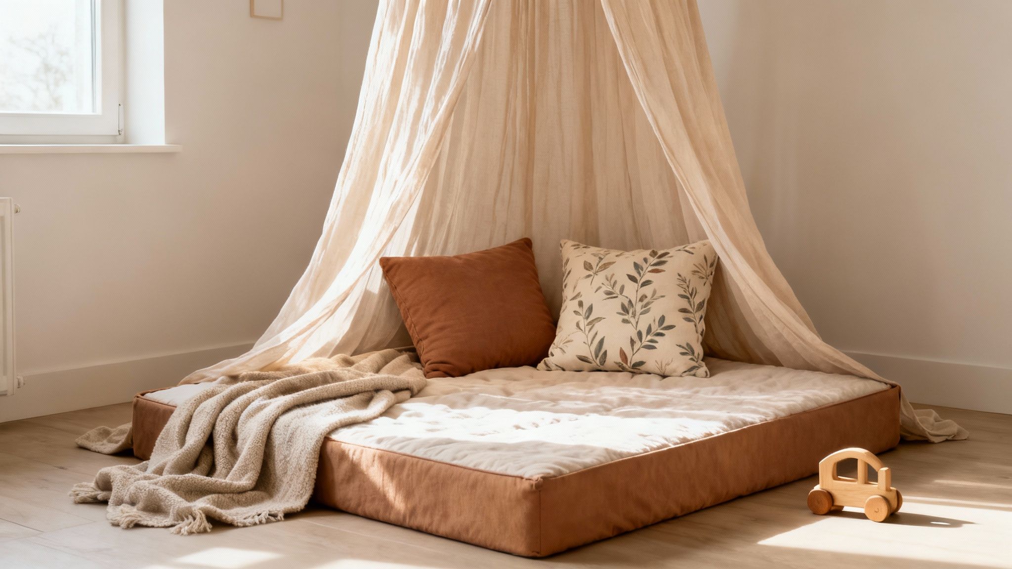 Gezellige babykamer met neutrale kleuren, een vloerbed met hemel, kussens en een houten speelgoedauto.