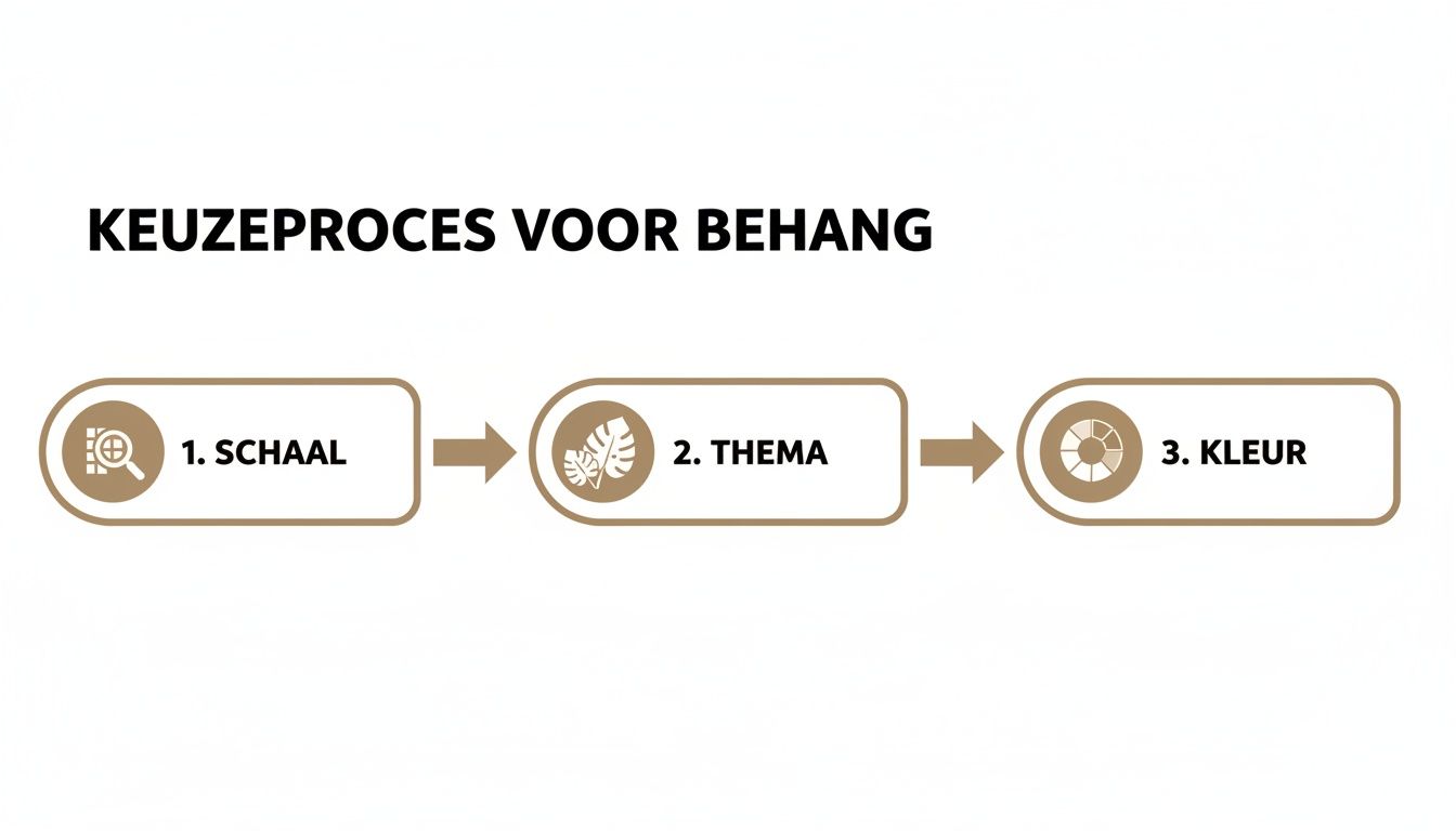 Stappenplan voor behangkeuze: schaal, thema en kleur, weergegeven met iconen en pijlen.