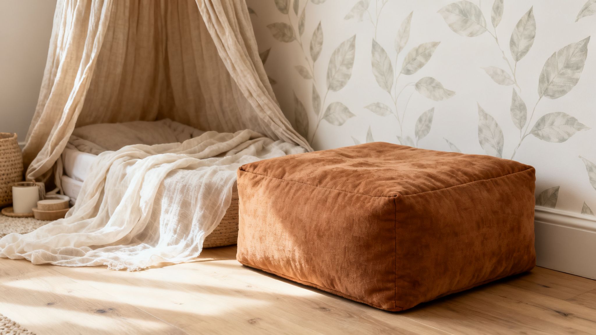Gezellige kinderkamer met een beige hemelbed, een bruine poef en behang met bladmotief.