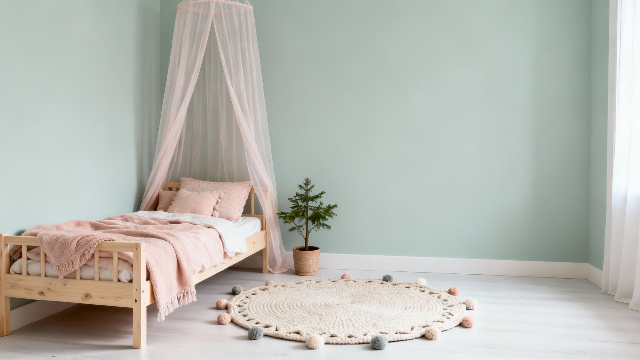 Een knusse kinderkamer met houten bed, roze beddengoed, klamboe en rond vloerkleed op een lichte vloer.