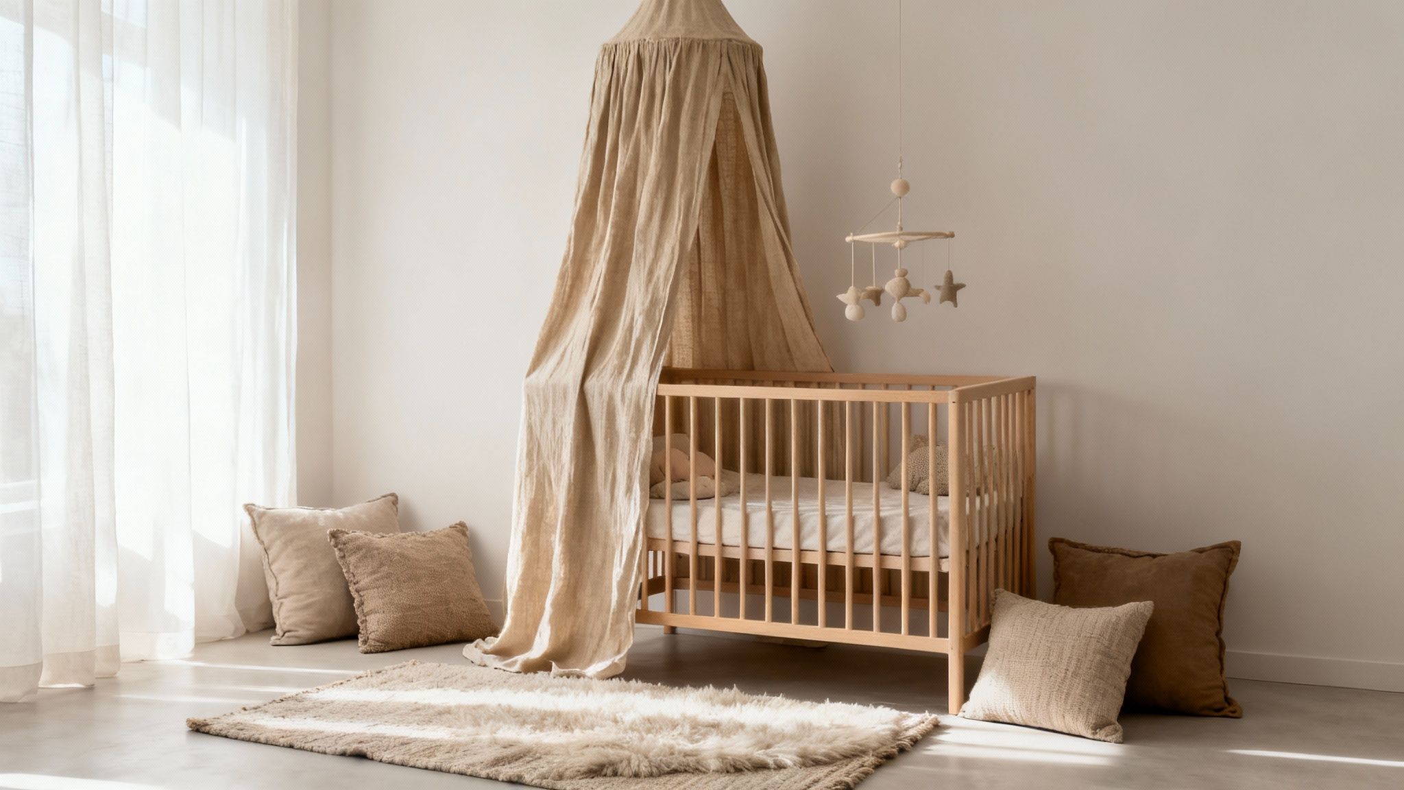 Rustige babykamer met houten ledikant, beige hemeltje, mobiel en kussens, allemaal in neutrale tinten.