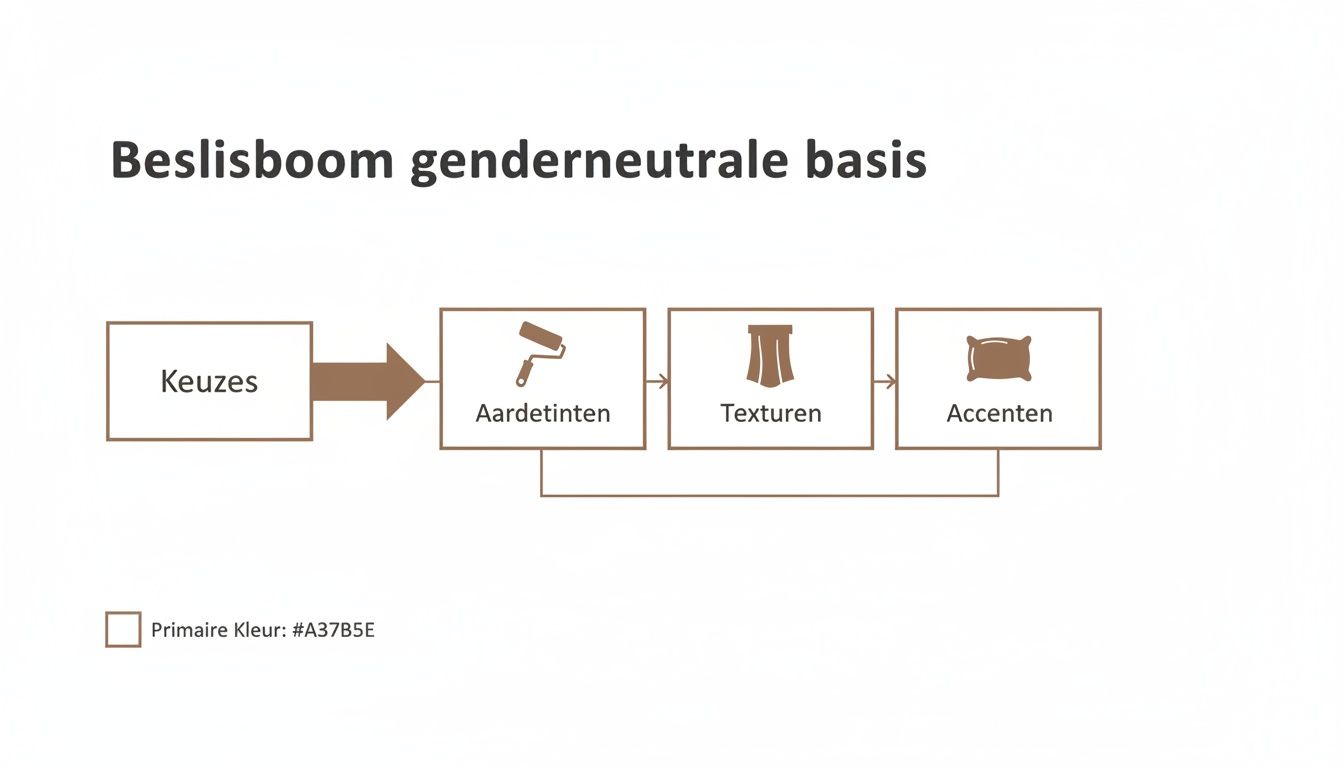 Beslisboom voor een genderneutrale basis met stappen: Keuzes, Aardetinten, Texturen en Accenten.