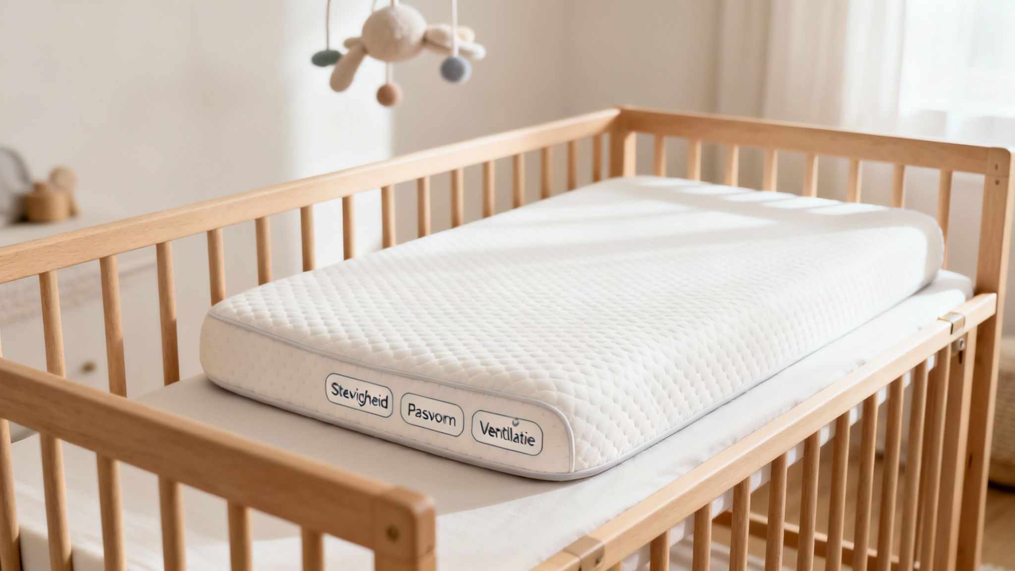 Witte babymatras met labels voor stevigheid, pasvorm en ventilatie, geplaatst in een houten ledikantje.